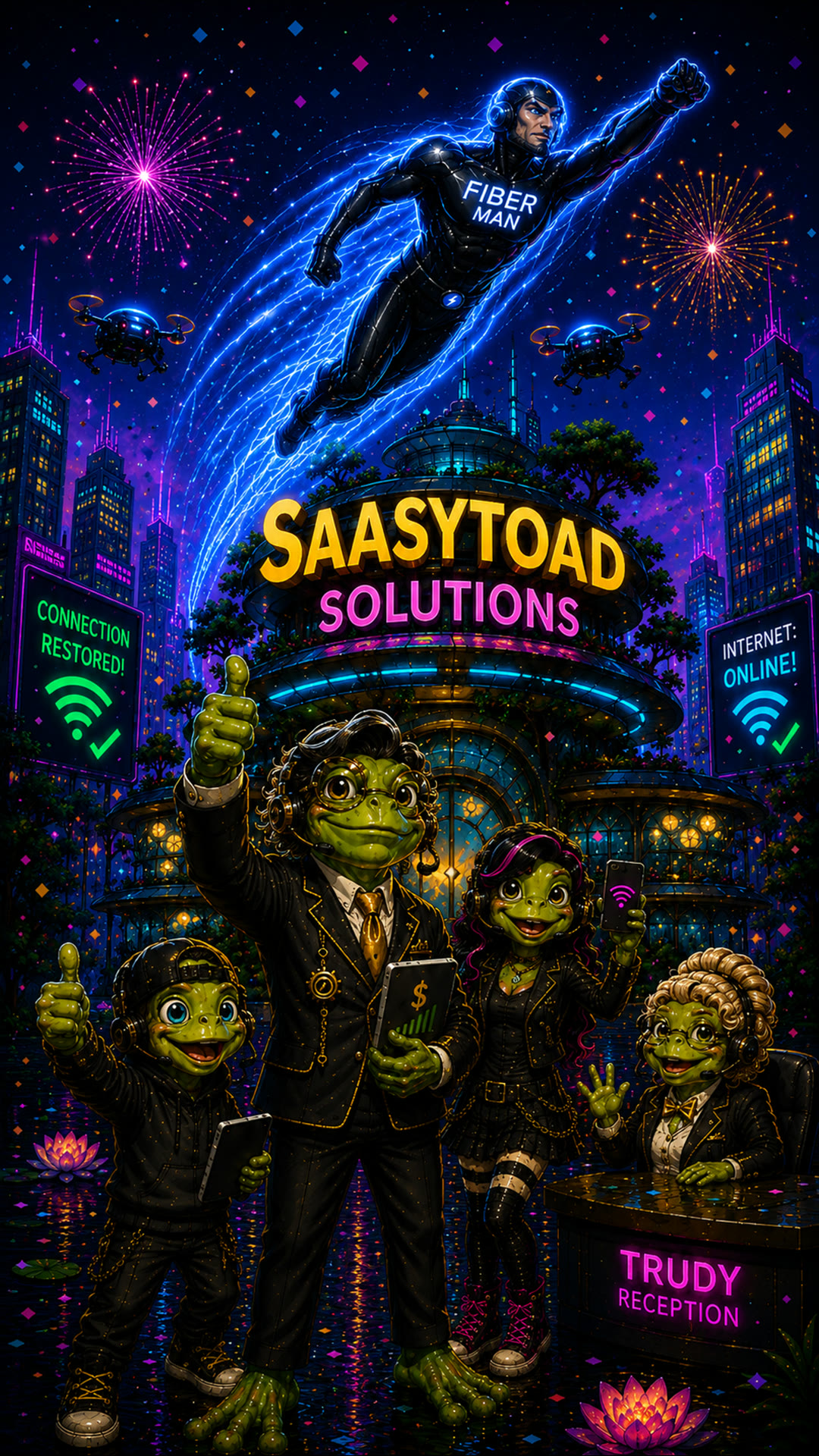 The SaaSyToad crew celebrating under fireworks while Fiber Man flies overhead