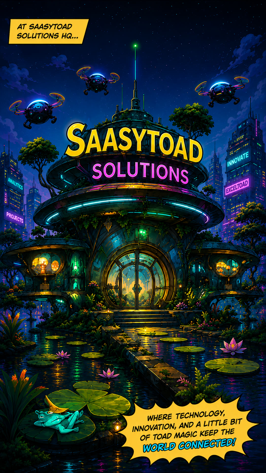 SaaSyToad Solutions comic title page, a neon lit lily pad headquarters at night