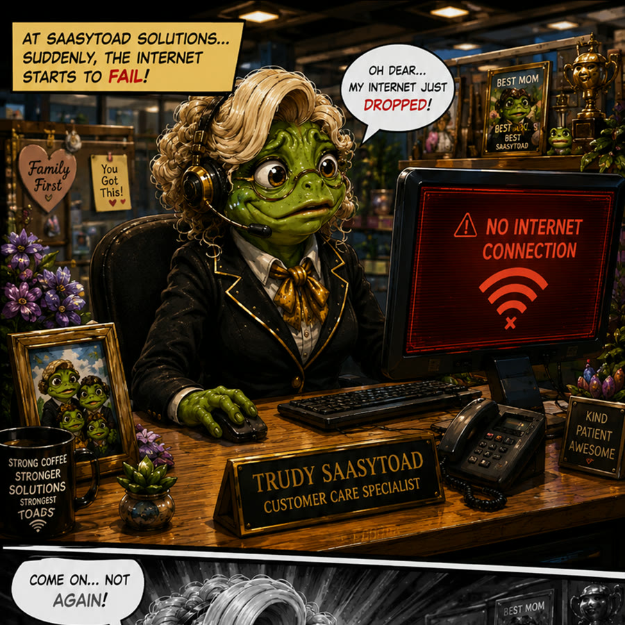 Trudy the receptionist toad staring at a no internet screen