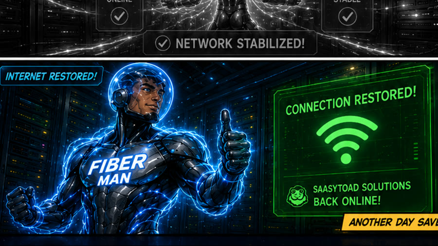 Connection restored screen with Fiber Man thumbs up